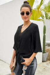 Casual Black Button Tie Blouse Top - Femstylo