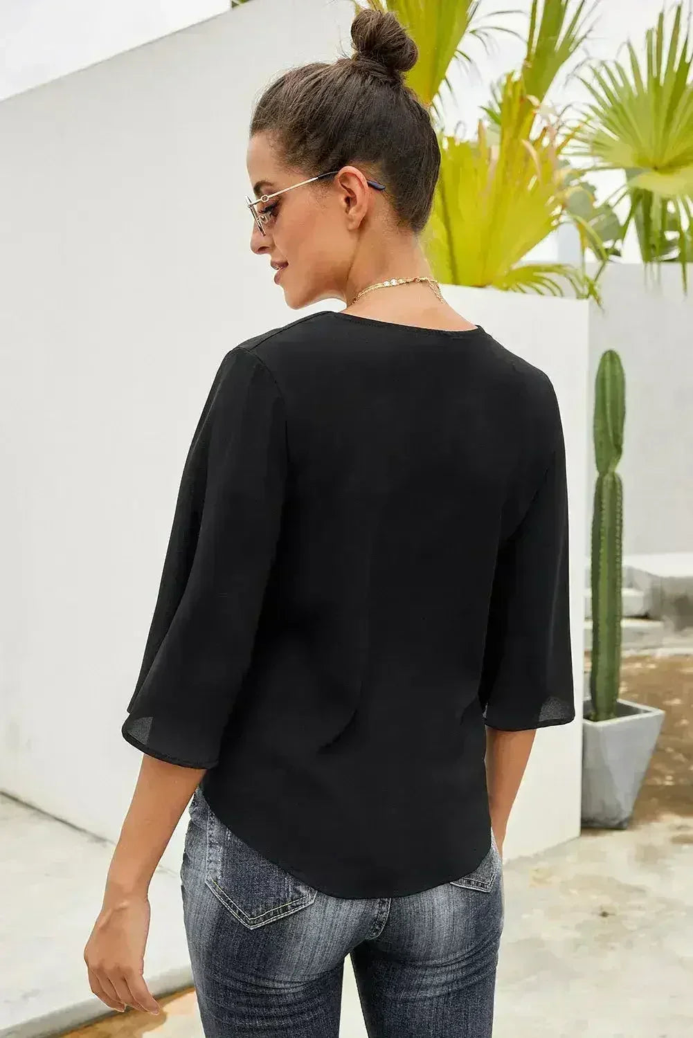 Casual Black Button Tie Blouse Top - Femstylo