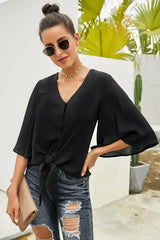 Casual Black Button Tie Blouse Top - Femstylo