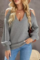 V Neck Cold Shoulder Sweater - Femstylo