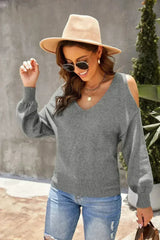 V Neck Cold Shoulder Sweater - Femstylo