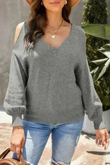 V Neck Cold Shoulder Sweater - Femstylo