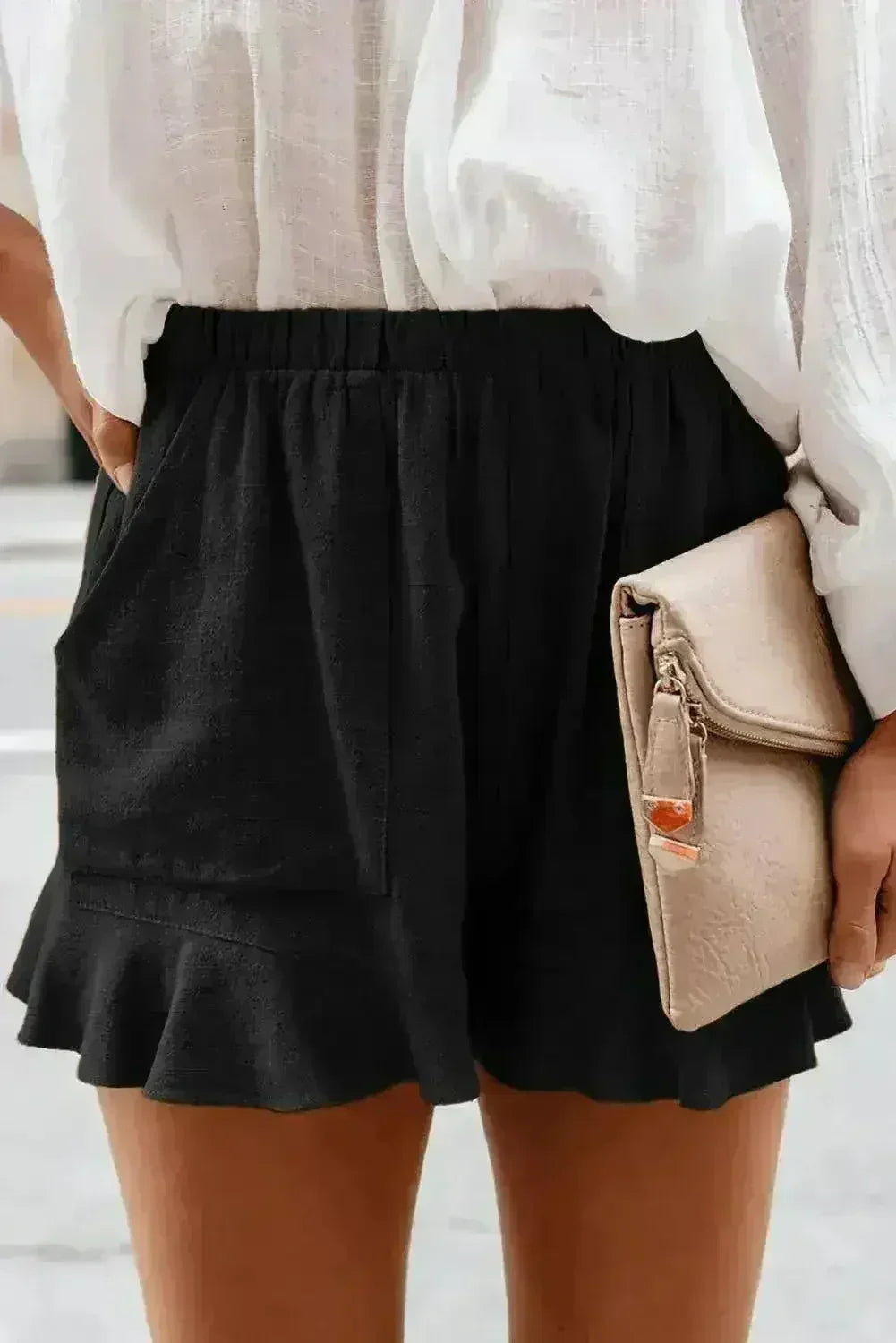Casual Pocketed Flutter Black Linen Cotton Shorts - Femstylo