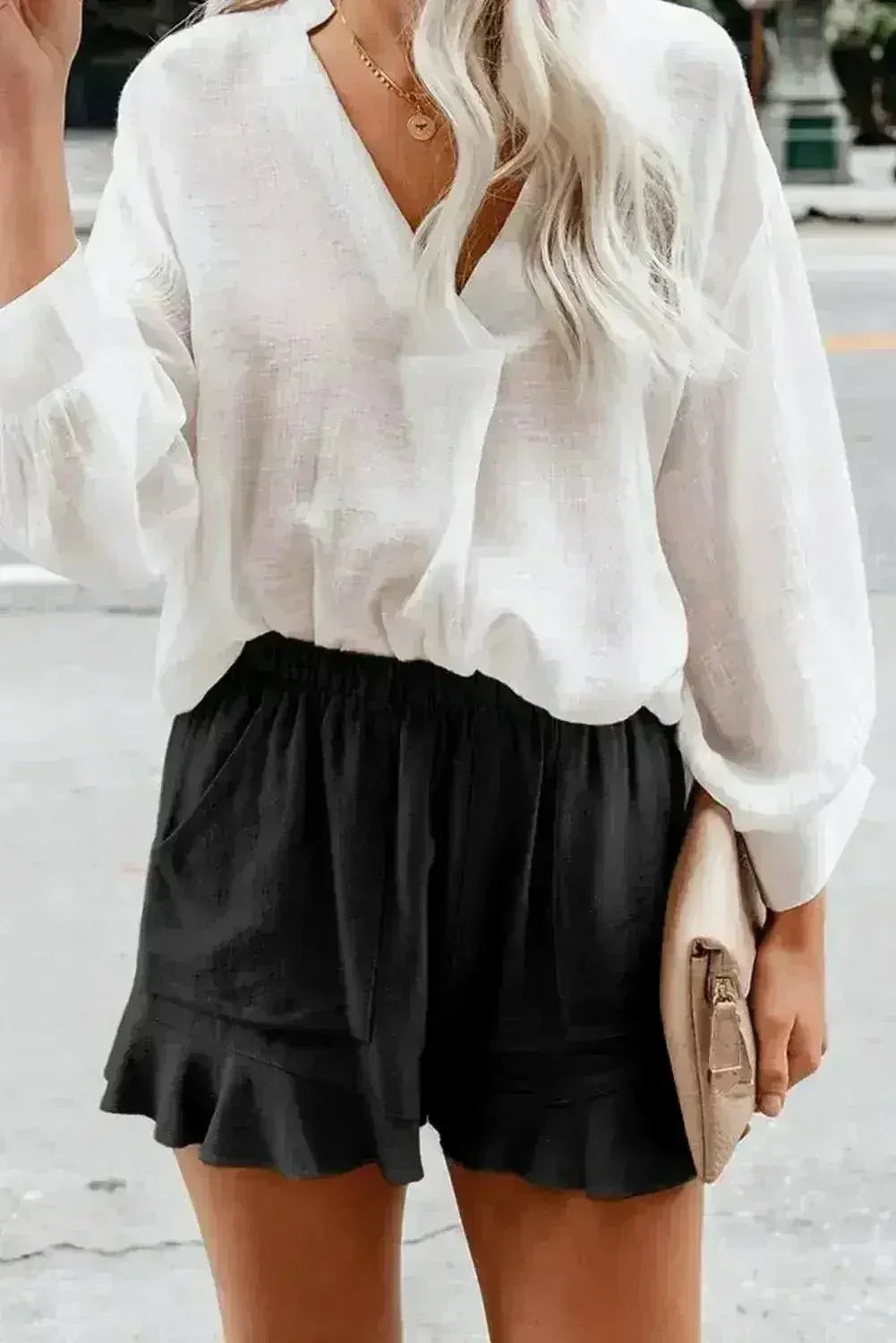 Casual Pocketed Flutter Black Linen Cotton Shorts - Femstylo