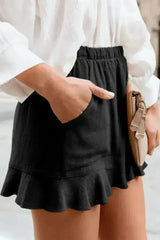 Casual Pocketed Flutter Black Linen Cotton Shorts - Femstylo