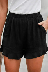 Casual Pocketed Flutter Black Linen Cotton Shorts - Femstylo