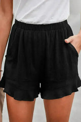 Casual Pocketed Flutter Black Linen Cotton Shorts - Femstylo