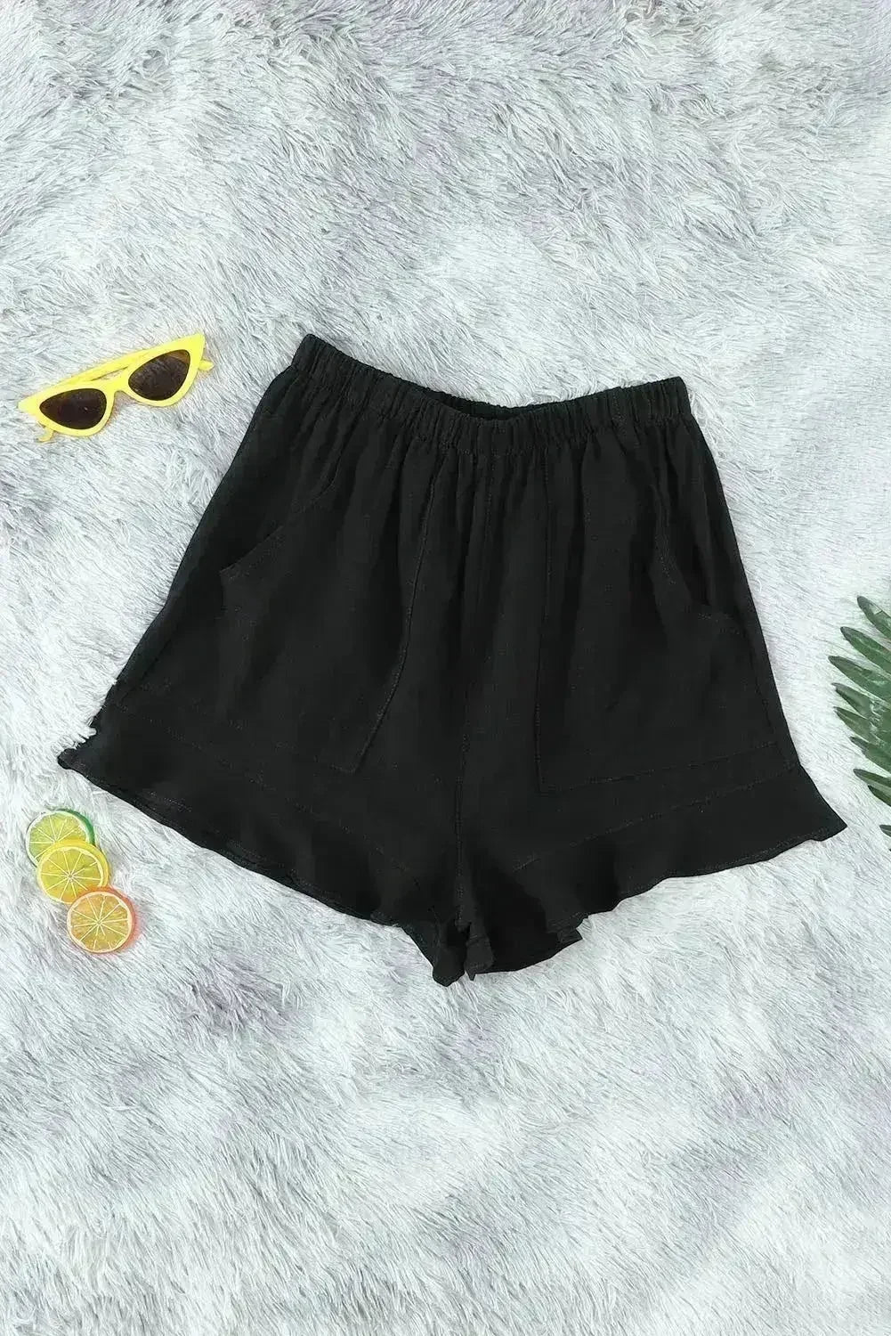 Casual Pocketed Flutter Black Linen Cotton Shorts - Femstylo