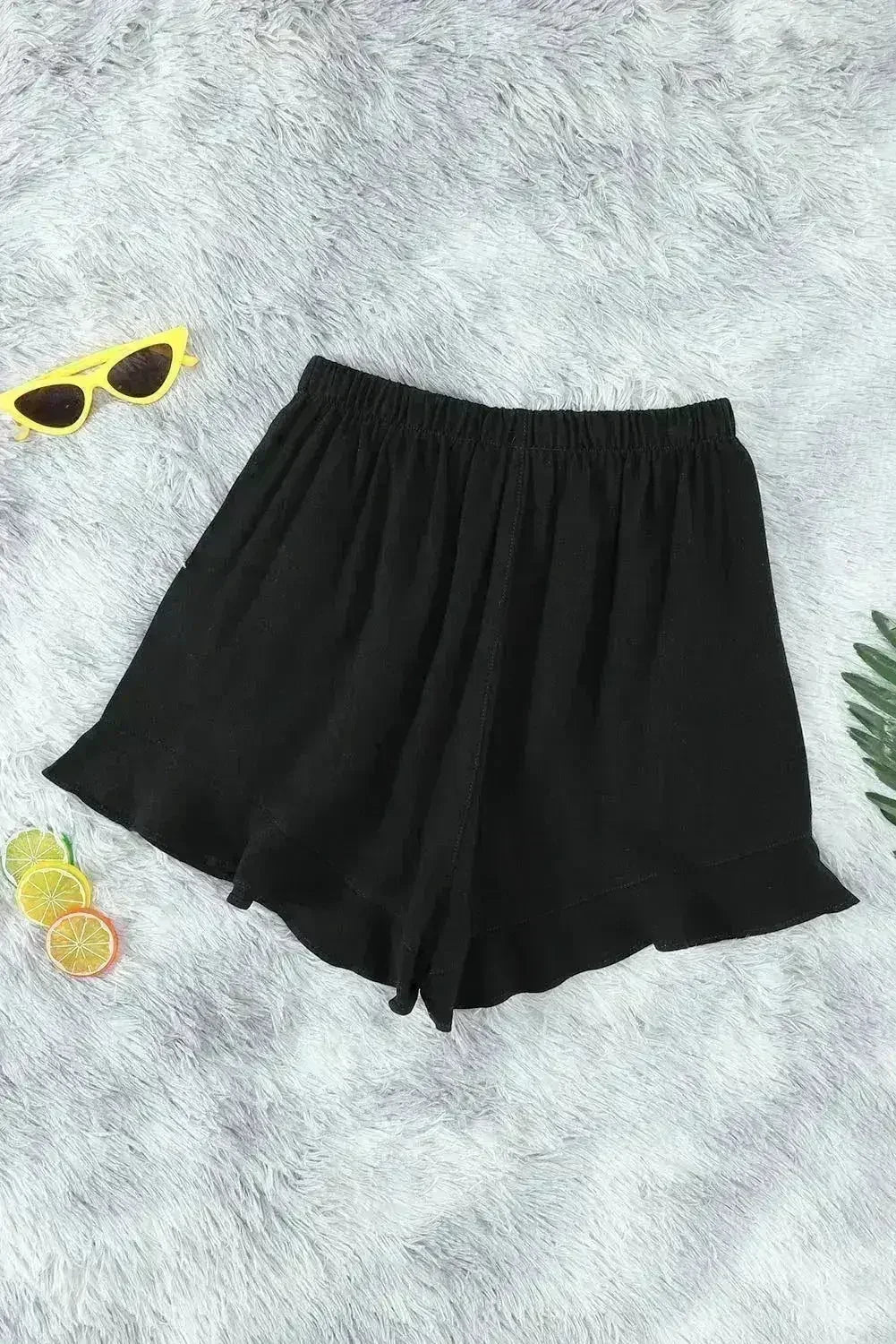 Casual Pocketed Flutter Black Linen Cotton Shorts - Femstylo