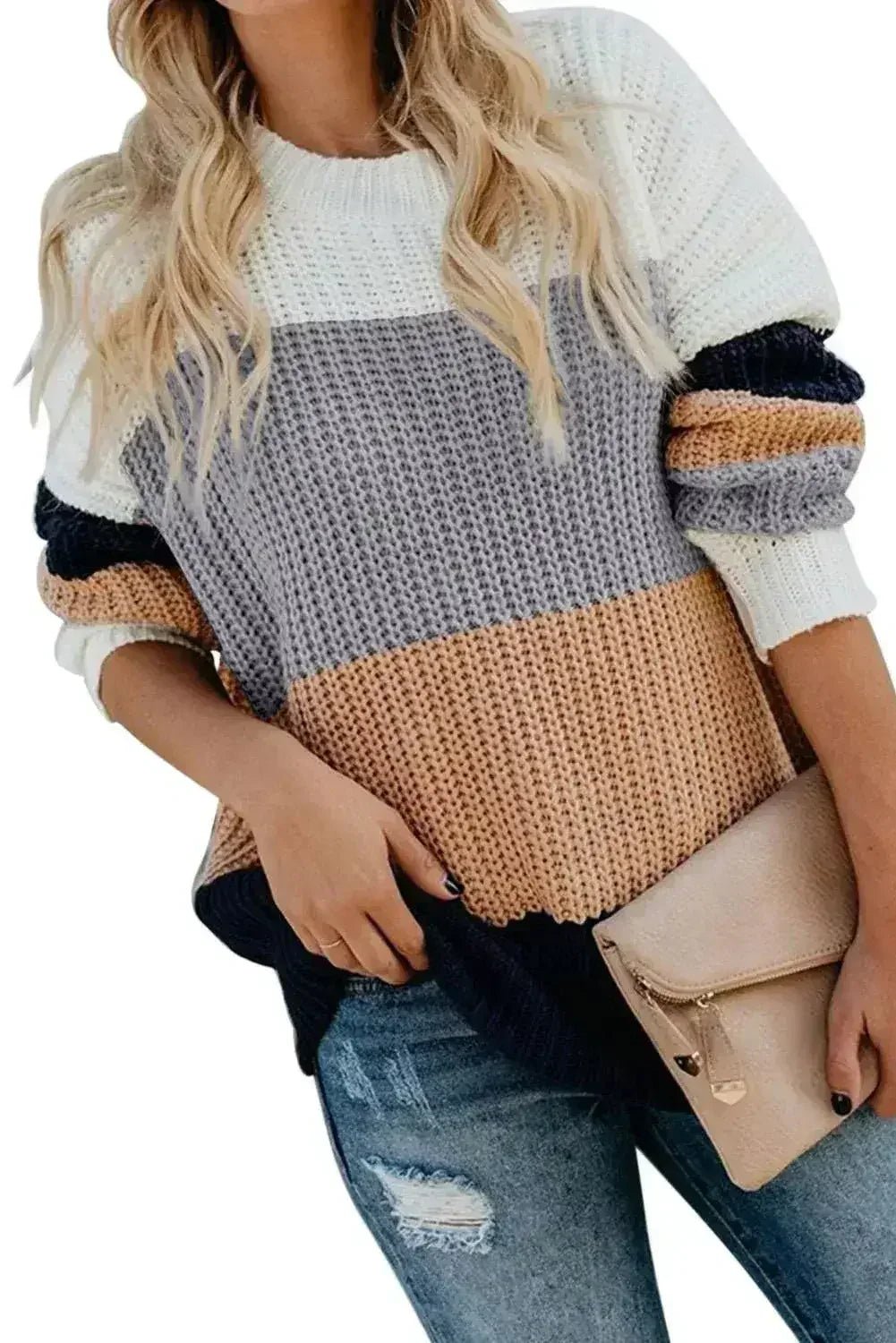 Casual Apricot Color Block Long Sleeve Sweater - Femstylo