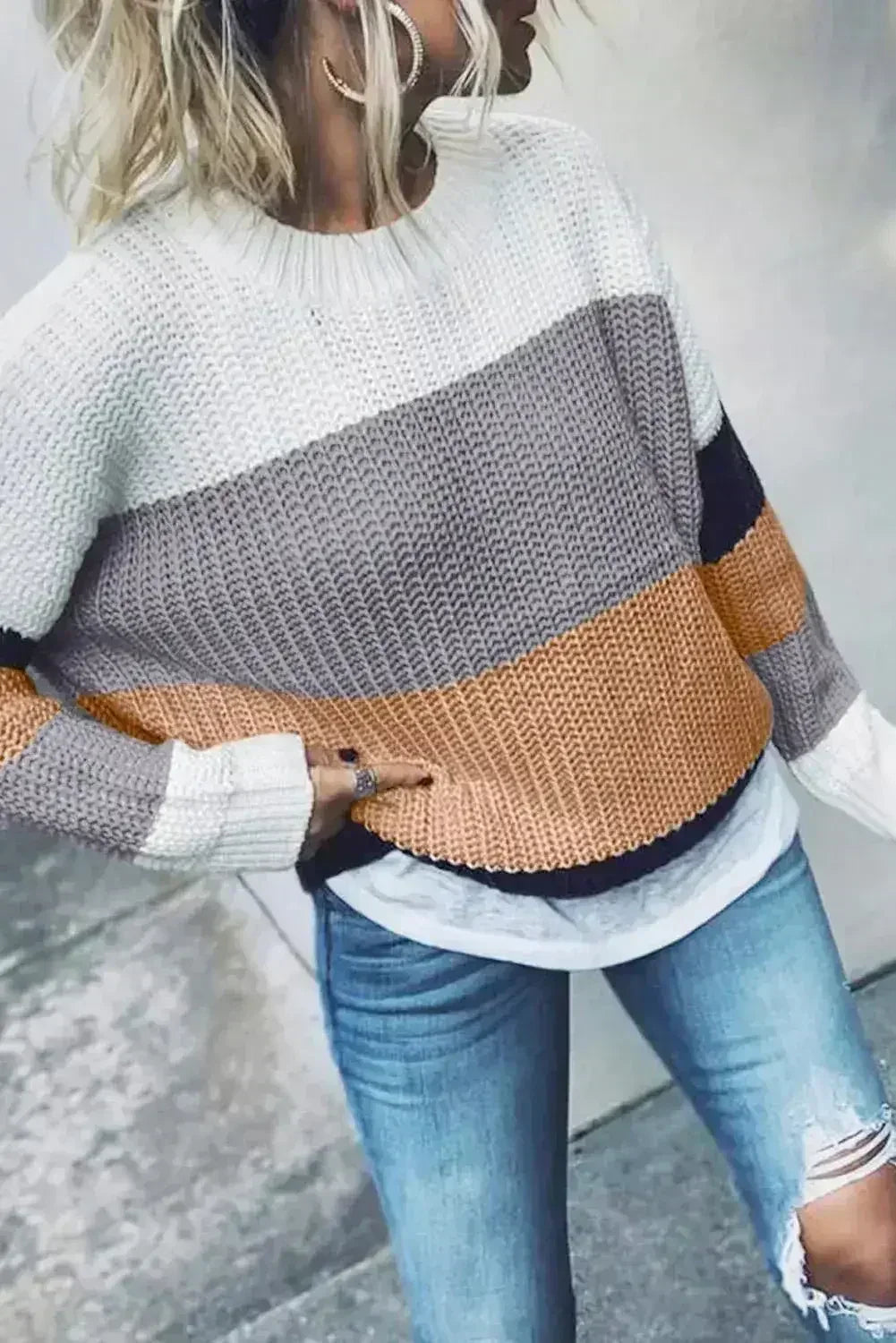 Casual Apricot Color Block Long Sleeve Sweater - Femstylo