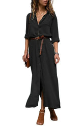 Casual Black Slit Maxi Shirt Dress with Sash - Femstylo
