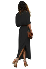 Casual Black Slit Maxi Shirt Dress with Sash - Femstylo