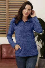 Casual Blue Quarter Zip Pullover Sweatshirt - Femstylo