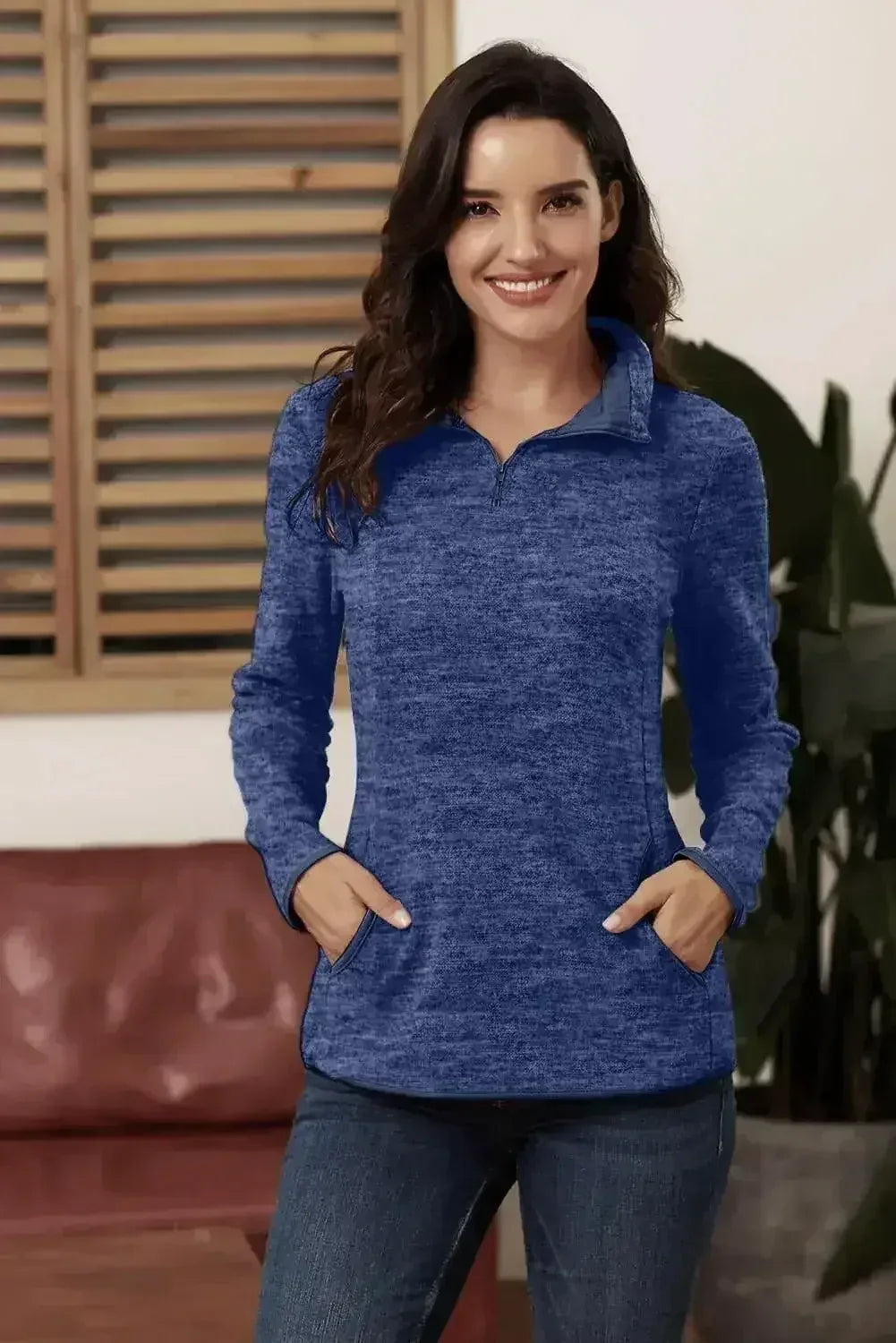 Casual Blue Quarter Zip Pullover Sweatshirt - Femstylo