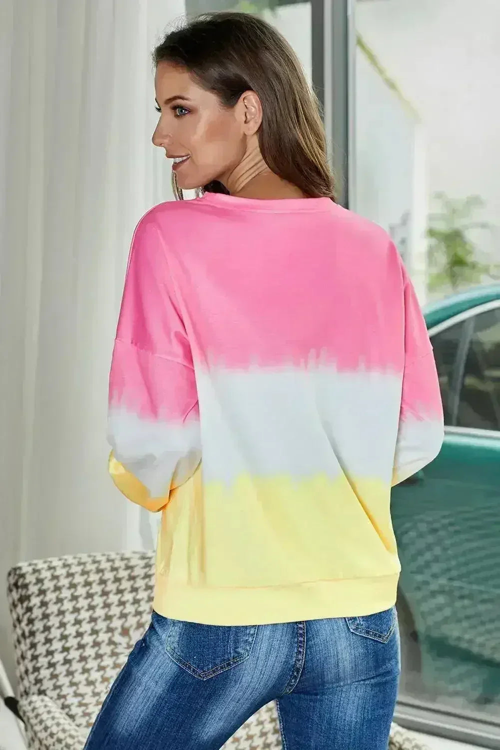 Casual Pink Color Block Tie Dye Pullover Sweatshirt - Femstylo