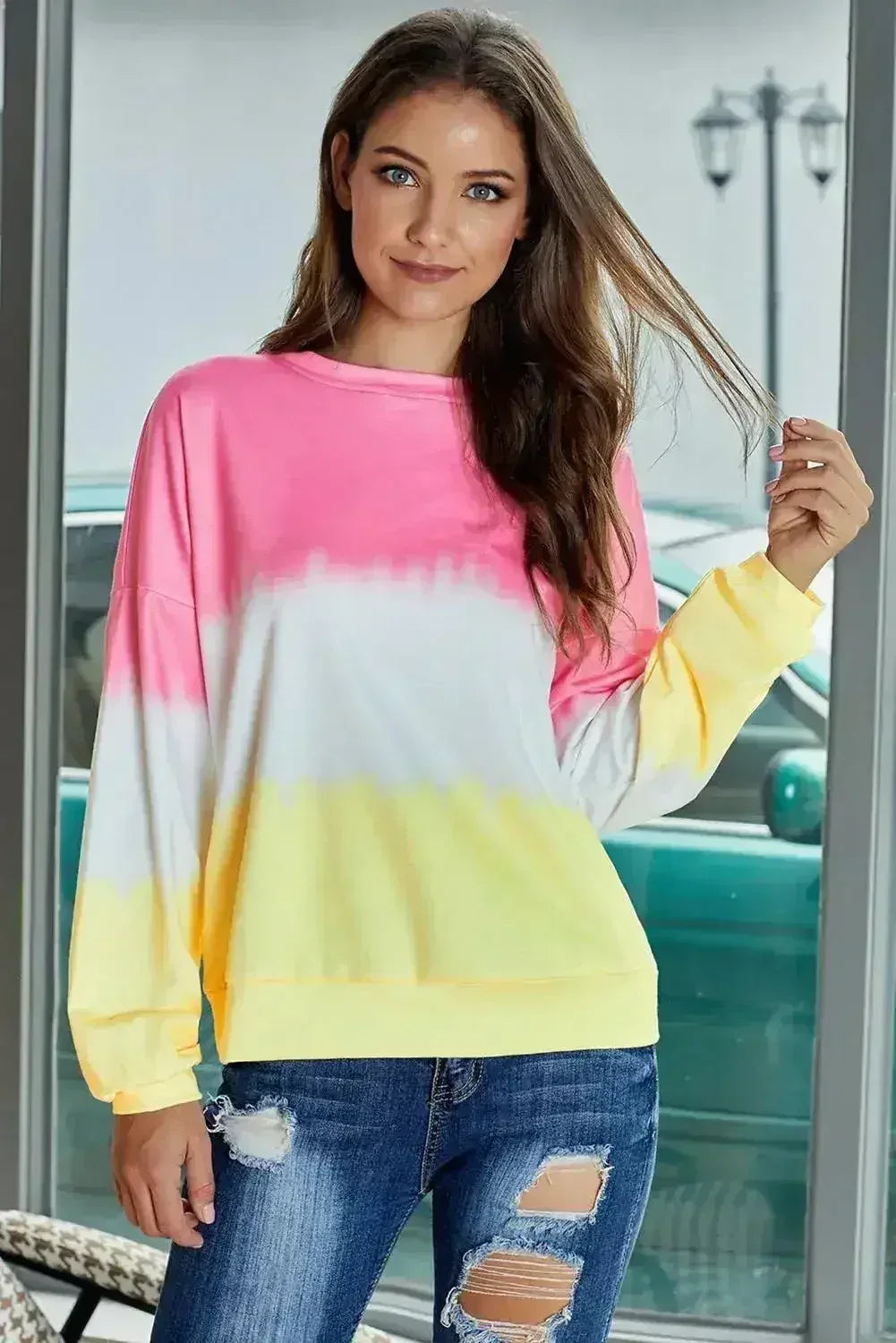 Casual Pink Color Block Tie Dye Pullover Sweatshirt - Femstylo