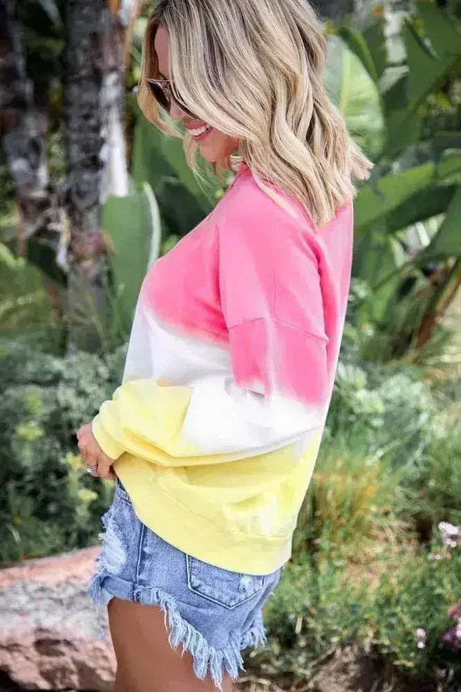 Casual Pink Color Block Tie Dye Pullover Sweatshirt - Femstylo