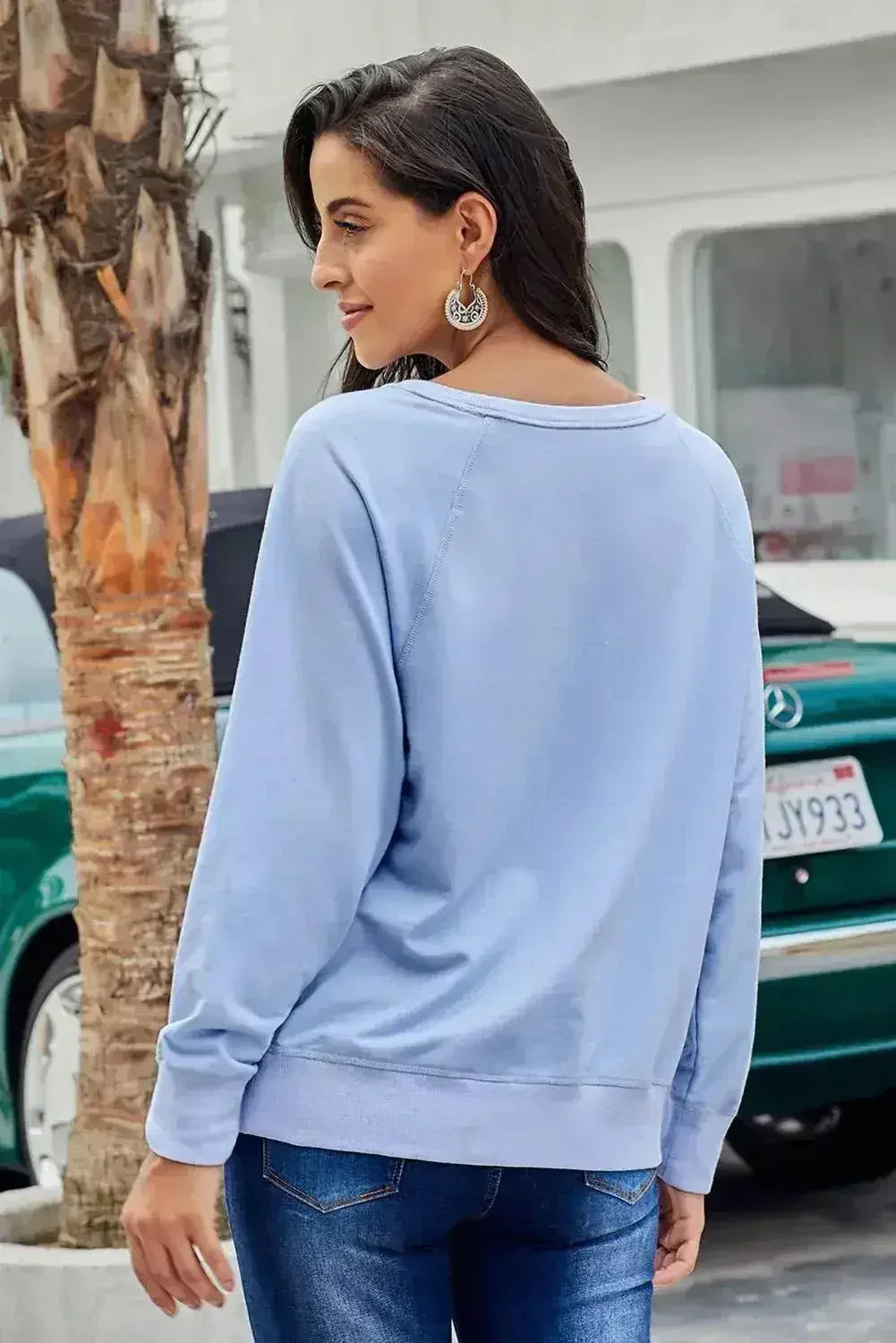Casual Sky Blue French Terry Cotton Blend Pullover Sweatshirt - Femstylo