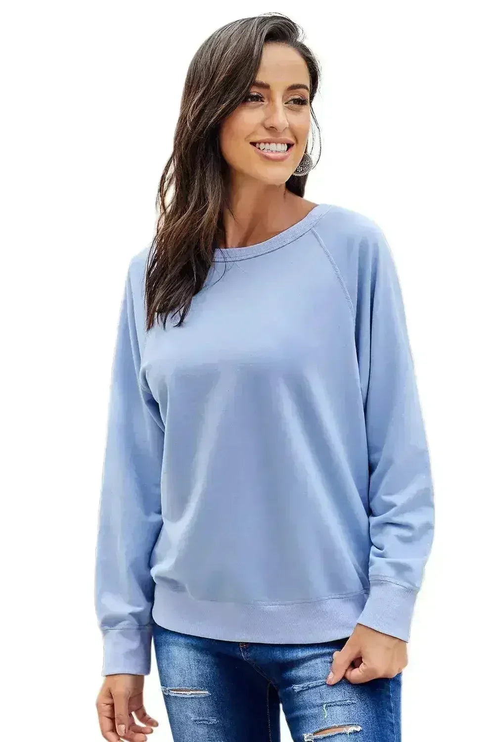 Casual Sky Blue French Terry Cotton Blend Pullover Sweatshirt - Femstylo