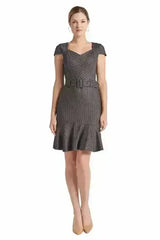 Chelsea Dress - Cap sleeve pinstripe dress with self belt and ruffle - Femstylo