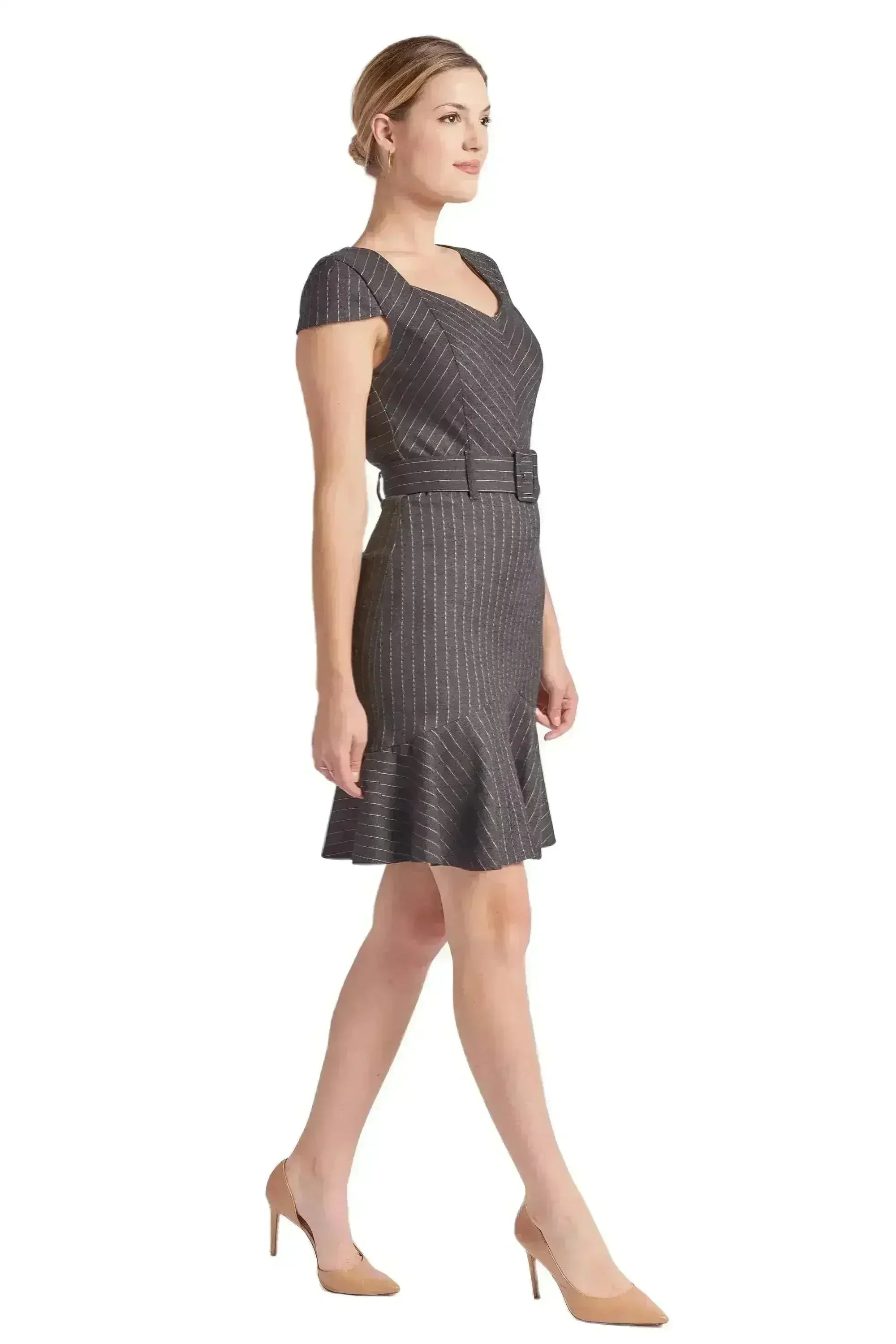 Chelsea Dress - Cap sleeve pinstripe dress with self belt and ruffle - Femstylo