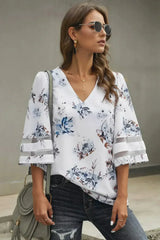 White Floral Blouse with 3/4 Flared Sleeves | Femstylo - Femstylo