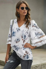 White Floral Blouse with 3/4 Flared Sleeves | Femstylo - Femstylo