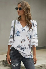 White Floral Blouse with 3/4 Flared Sleeves | Femstylo - Femstylo