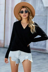 Chic Black Deep V-neck Long Sleeve Knit Sweater - Femstylo