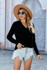 Chic Black Deep V-neck Long Sleeve Knit Sweater - Femstylo
