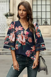 Chic Red 3/4 Flared Sleeve Floral Chiffon Blouse | Femstylo - Femstylo