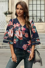 Chic Red 3/4 Flared Sleeve Floral Chiffon Blouse | Femstylo - Femstylo
