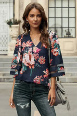 Chic Red 3/4 Flared Sleeve Floral Chiffon Blouse | Femstylo - Femstylo