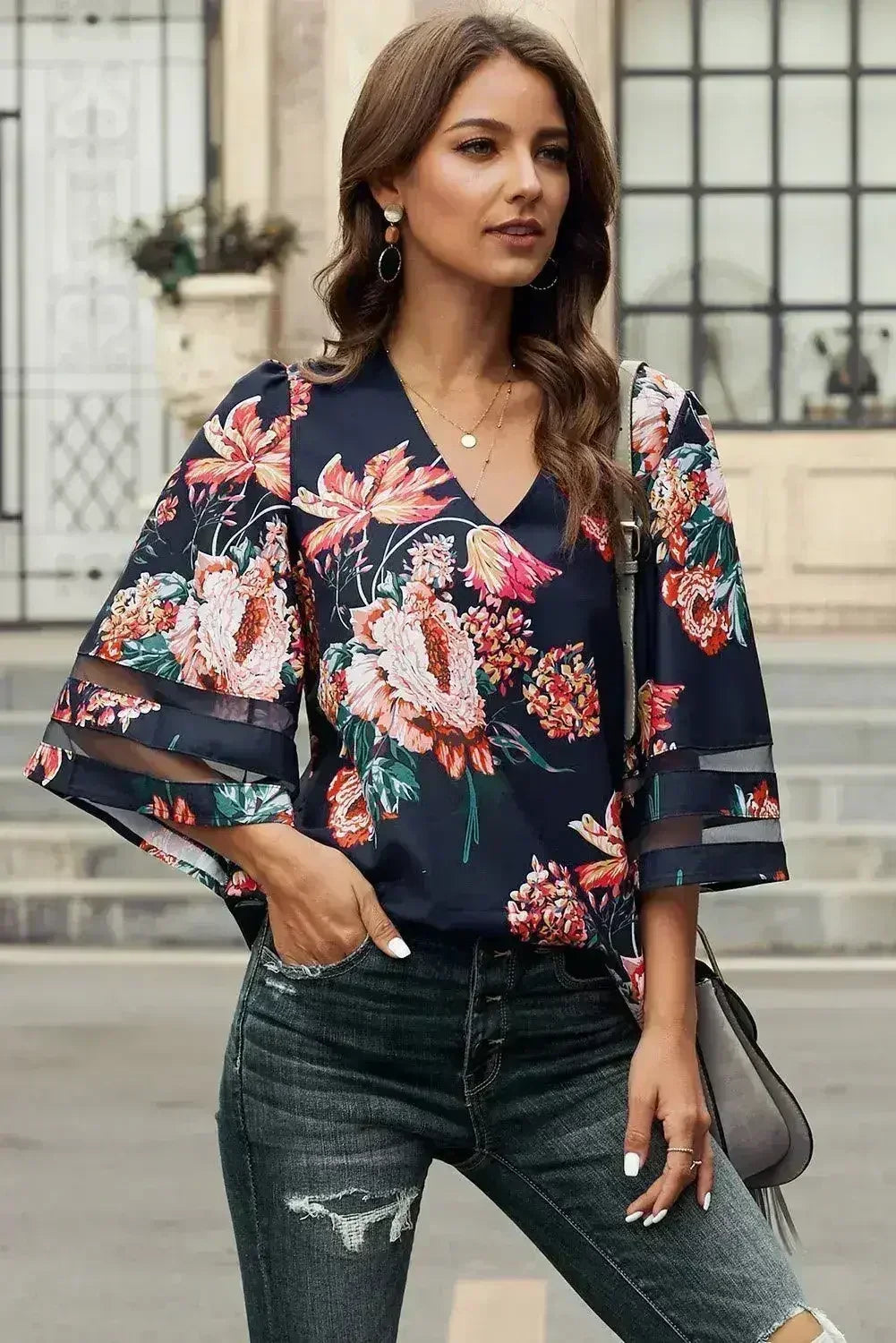 Chic Red 3/4 Flared Sleeve Floral Chiffon Blouse | Femstylo - Femstylo