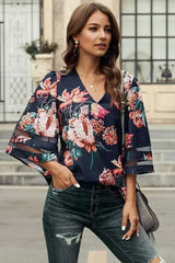 Chic Red 3/4 Flared Sleeve Floral Chiffon Blouse | Femstylo - Femstylo