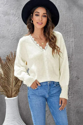 Chic White Lace V Neck Knitted Pullover Sweater - Femstylo
