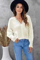 Chic White Lace V Neck Knitted Pullover Sweater - Femstylo