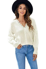 Chic White Lace V Neck Knitted Pullover Sweater - Femstylo