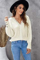 Chic White Lace V Neck Knitted Pullover Sweater - Femstylo