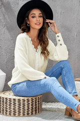 Chic White Lace V Neck Knitted Pullover Sweater - Femstylo