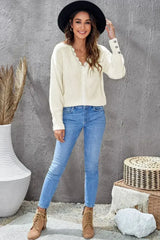 Chic White Lace V Neck Knitted Pullover Sweater - Femstylo