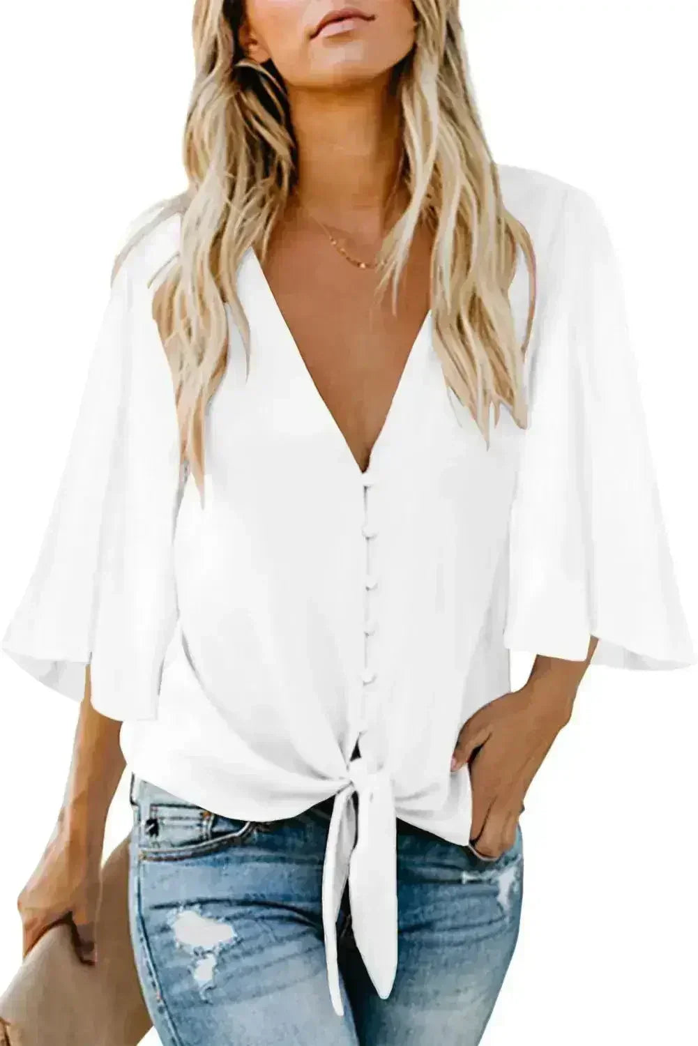Chic White V Neck Flare Sleeve Button Tie Blouse Top | Femstylo - Femstylo