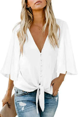 Chic White V Neck Flare Sleeve Button Tie Blouse Top | Femstylo - Femstylo