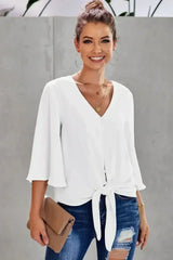 Chic White V Neck Flare Sleeve Button Tie Blouse Top | Femstylo - Femstylo