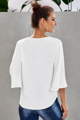 Chic White V Neck Flare Sleeve Button Tie Blouse Top | Femstylo - Femstylo
