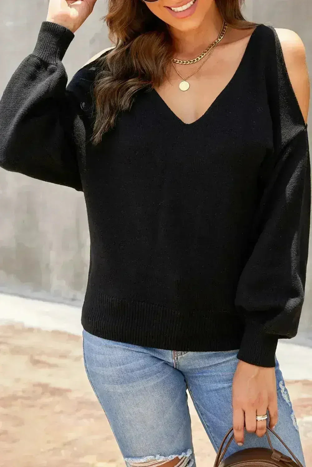 Black Cold Shoulder Sweater - Femstylo