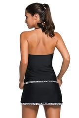 Contrast White Trim Black Halter Tankini Skort Swimsuit - Femstylo