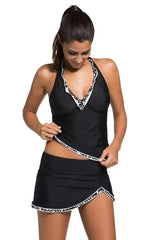 Contrast White Trim Black Halter Tankini Skort Swimsuit - Femstylo