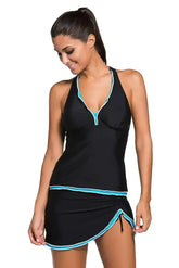 Contrast Blue Trim Black Halter Tankini Skort Swimsuit - Femstylo